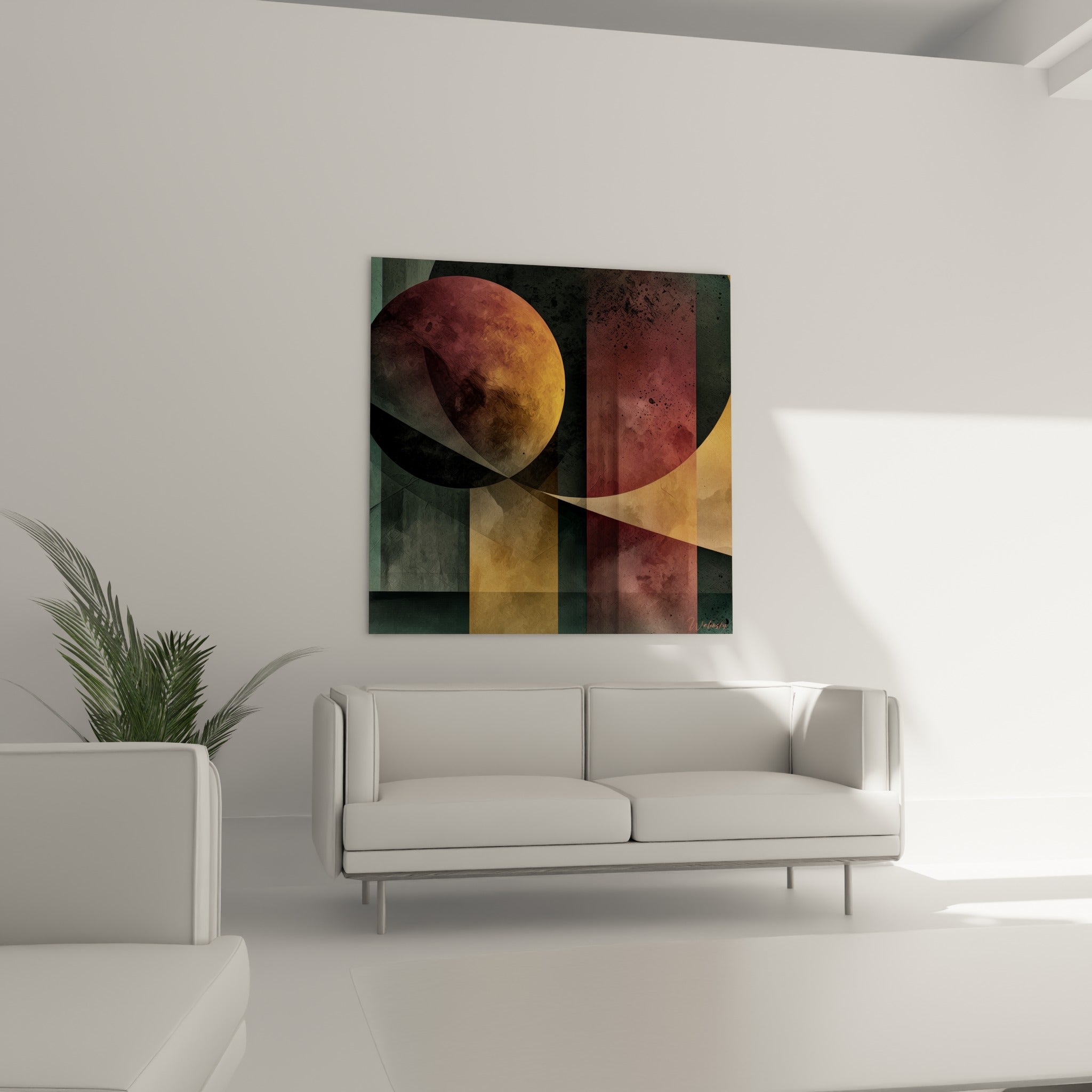 Composition géométrique dorée et bordeaux évoquant un astre, tableau Planète au-dessus d'un canapé dans un salon lumineux