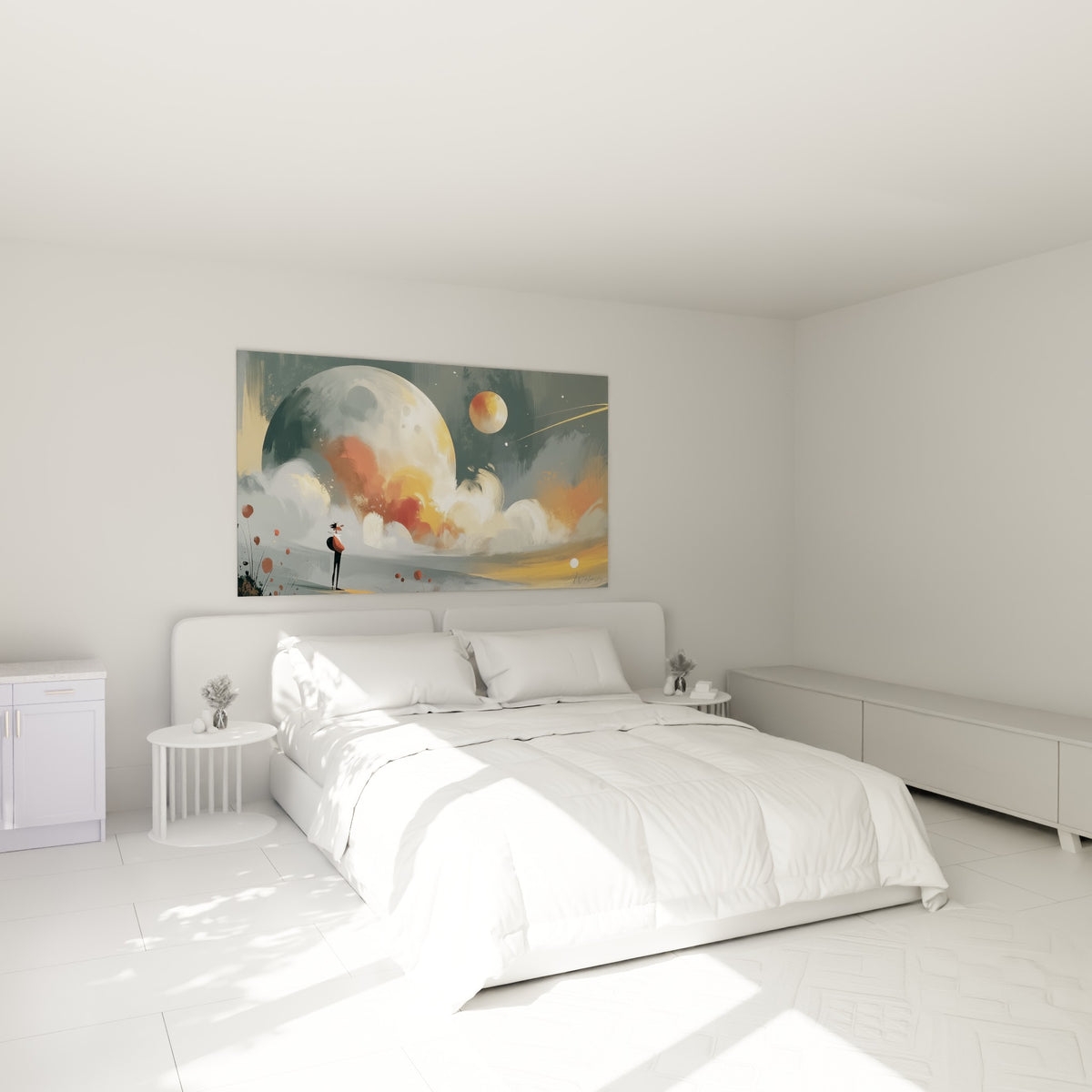 Homme seul contemplant des astres ocre et gris, œuvre accrochée au-dessus d'un lit dans une chambre claire