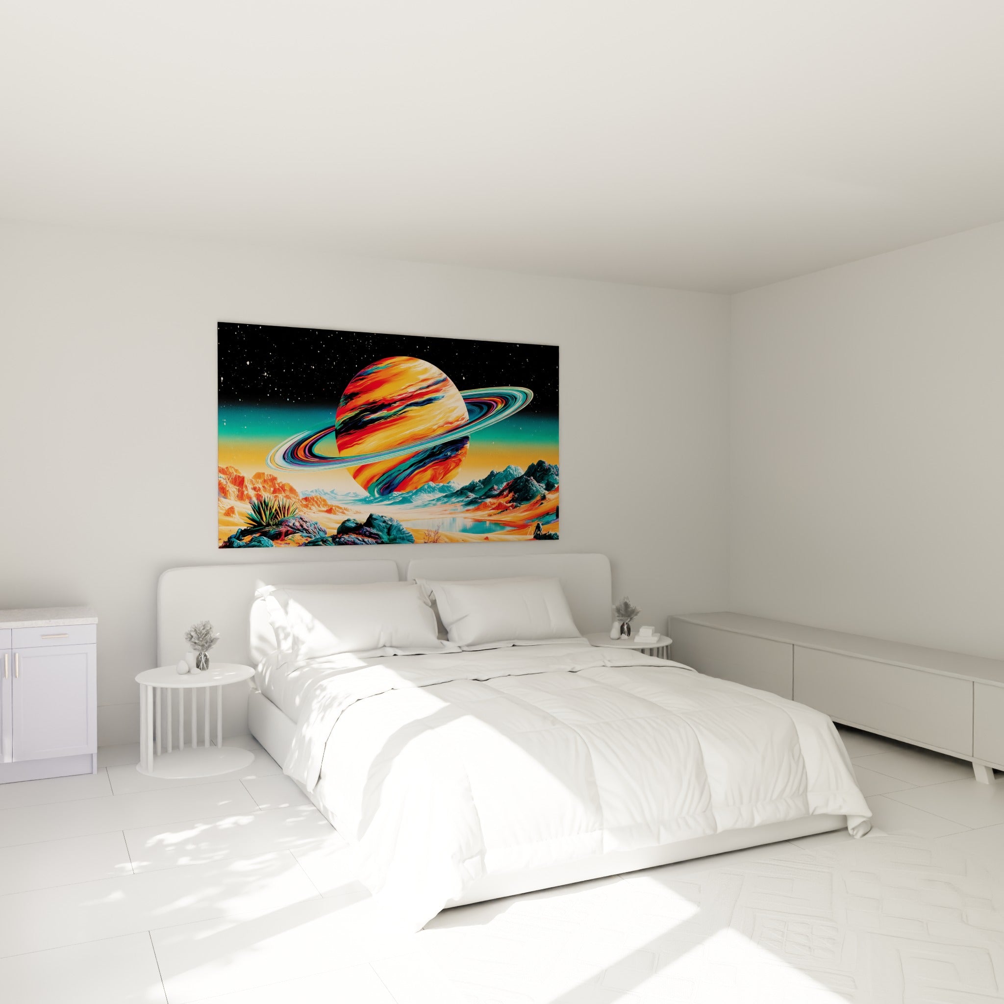 Sphère cosmique orange et turquoise aux anneaux lumineux, au-dessus d'un lit dans une chambre claire