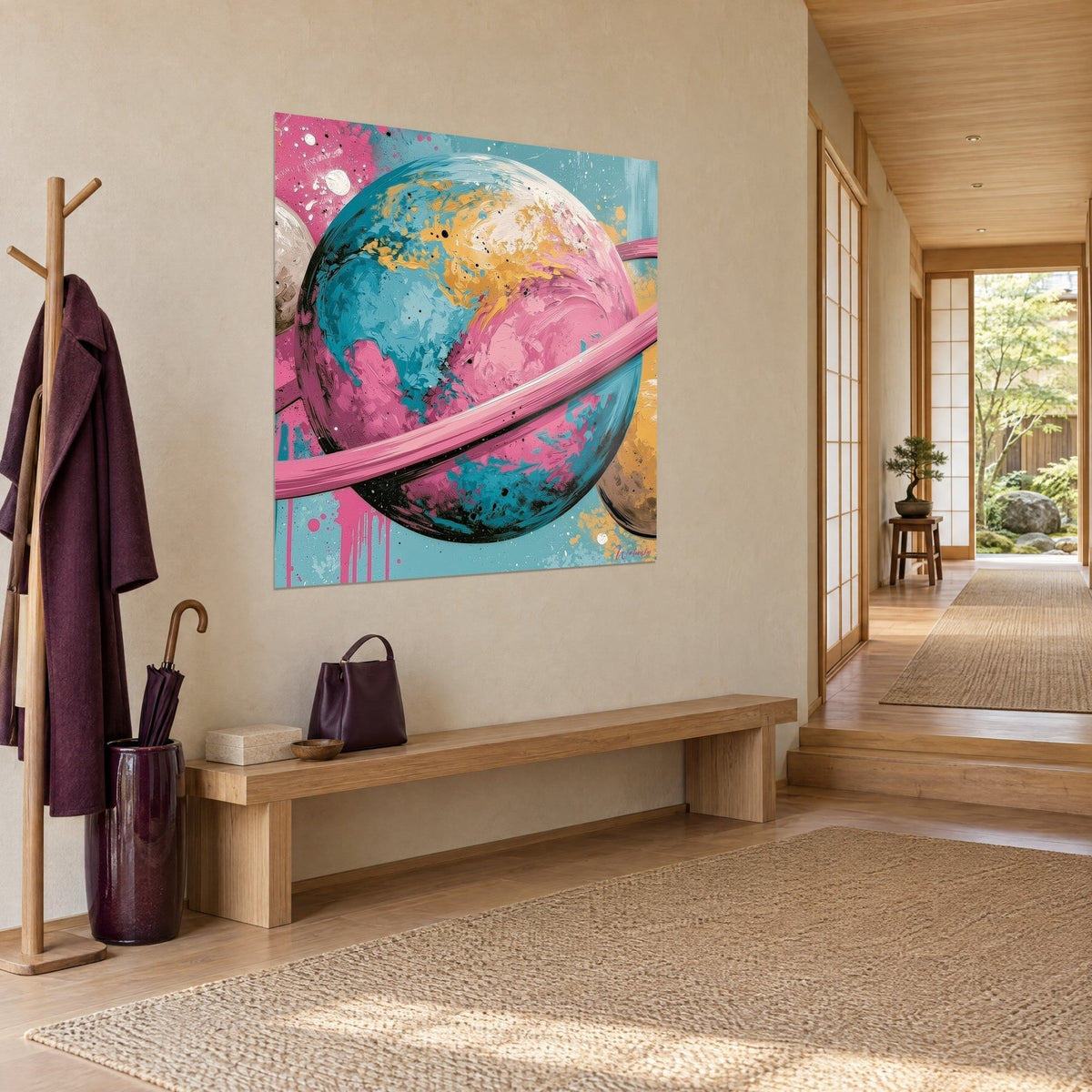 Tableau globe peint en turquoise, rose et jaune doré, anneau rose en travers, vu de trois quarts dans une entrée japandi