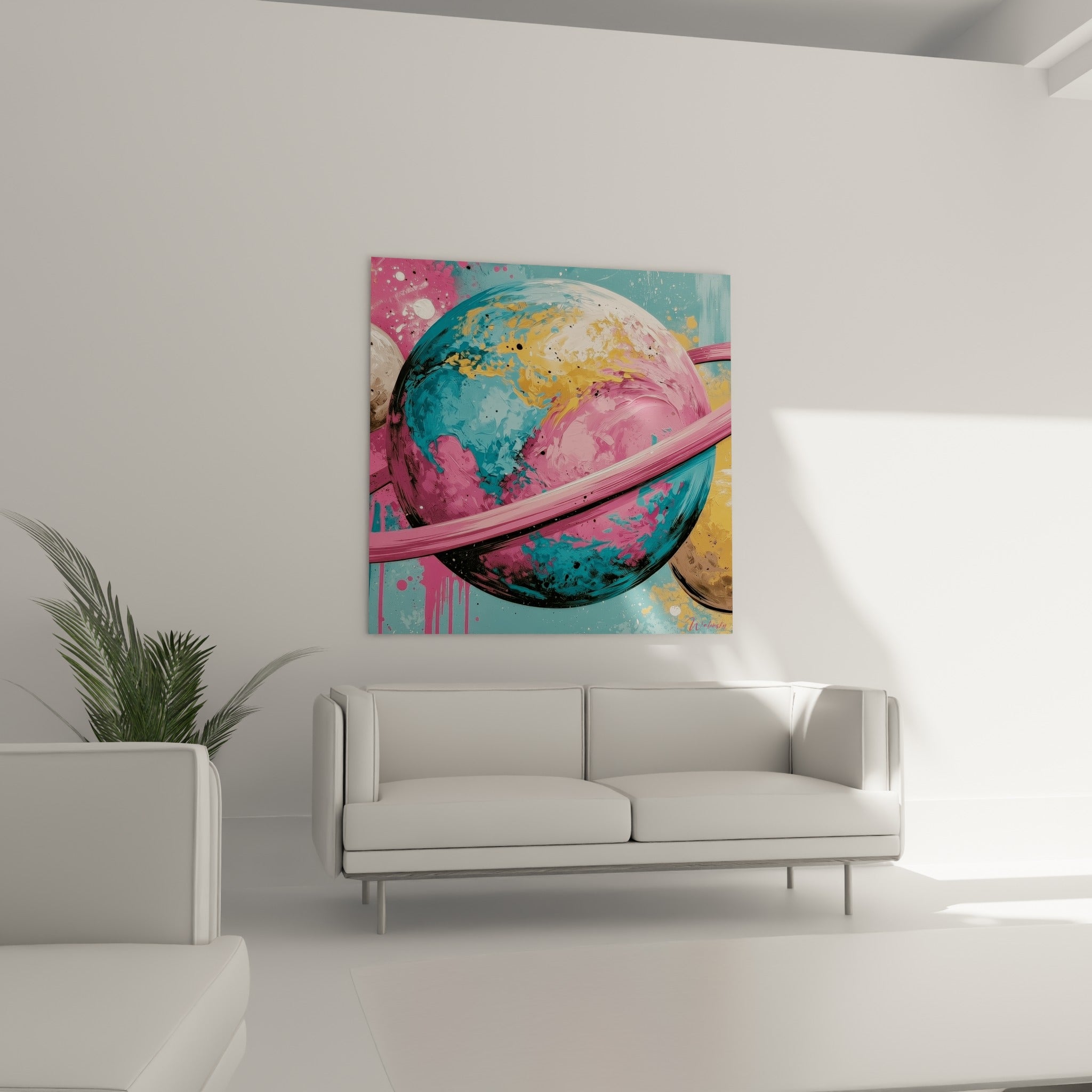 Globe planétaire turquoise strié de rose et d'ocre placé au-dessus d'un canapé dans un salon lumineux