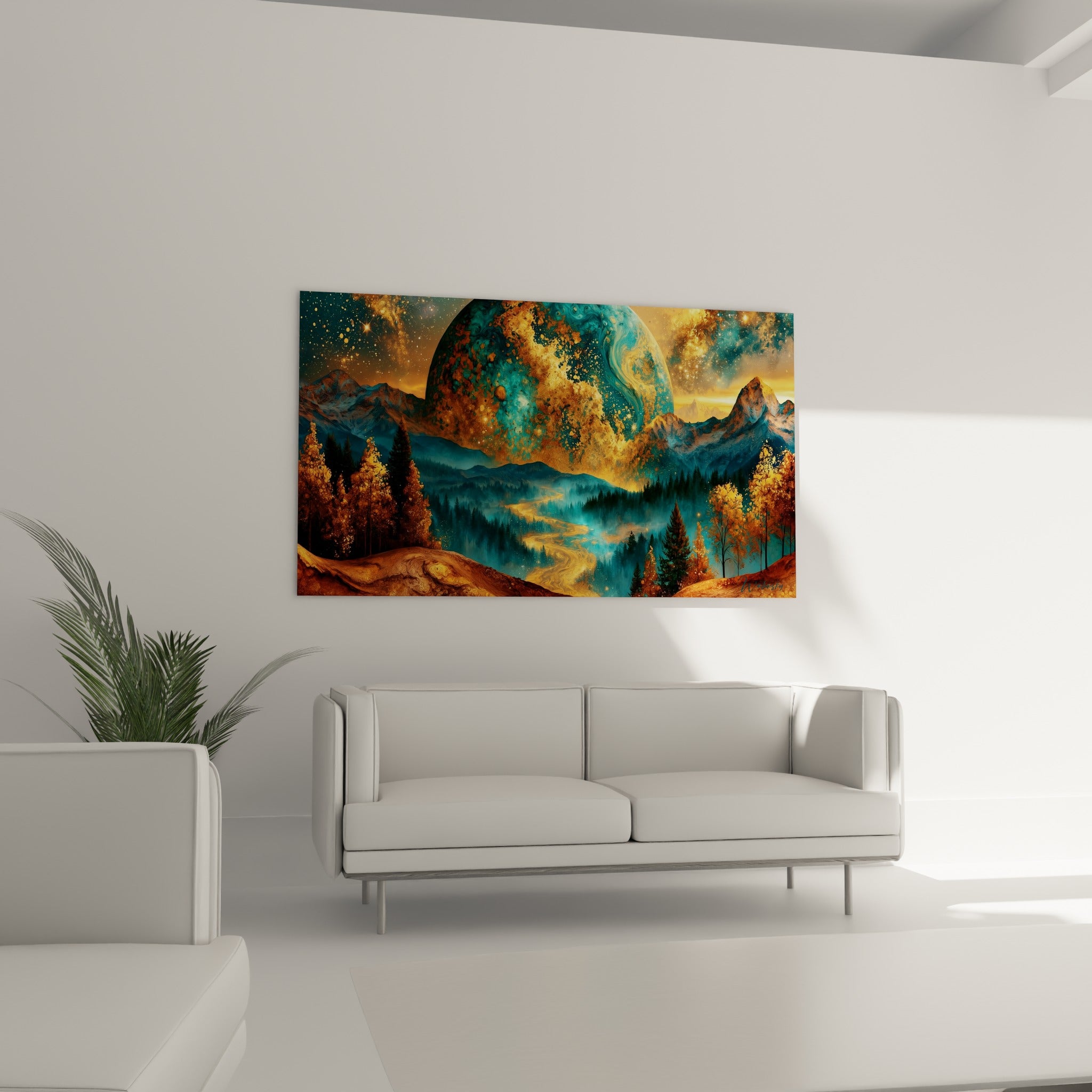 Paysage fantastique doré et turquoise avec montagnes enneigées, au-dessus d'un canapé dans un salon lumineux