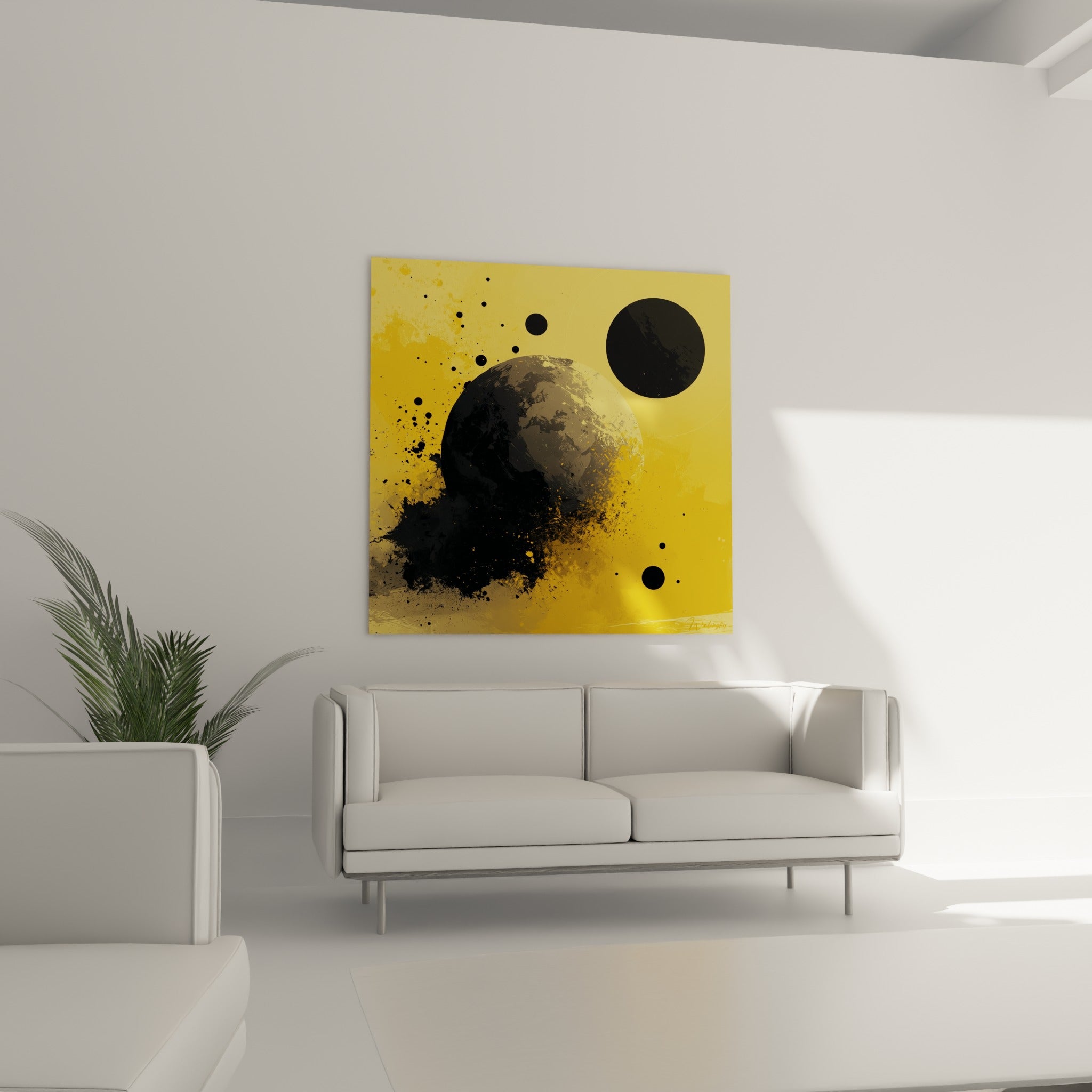 Sphère cosmique noire et grise sur fond doré intense, au-dessus d'un canapé dans un salon lumineux