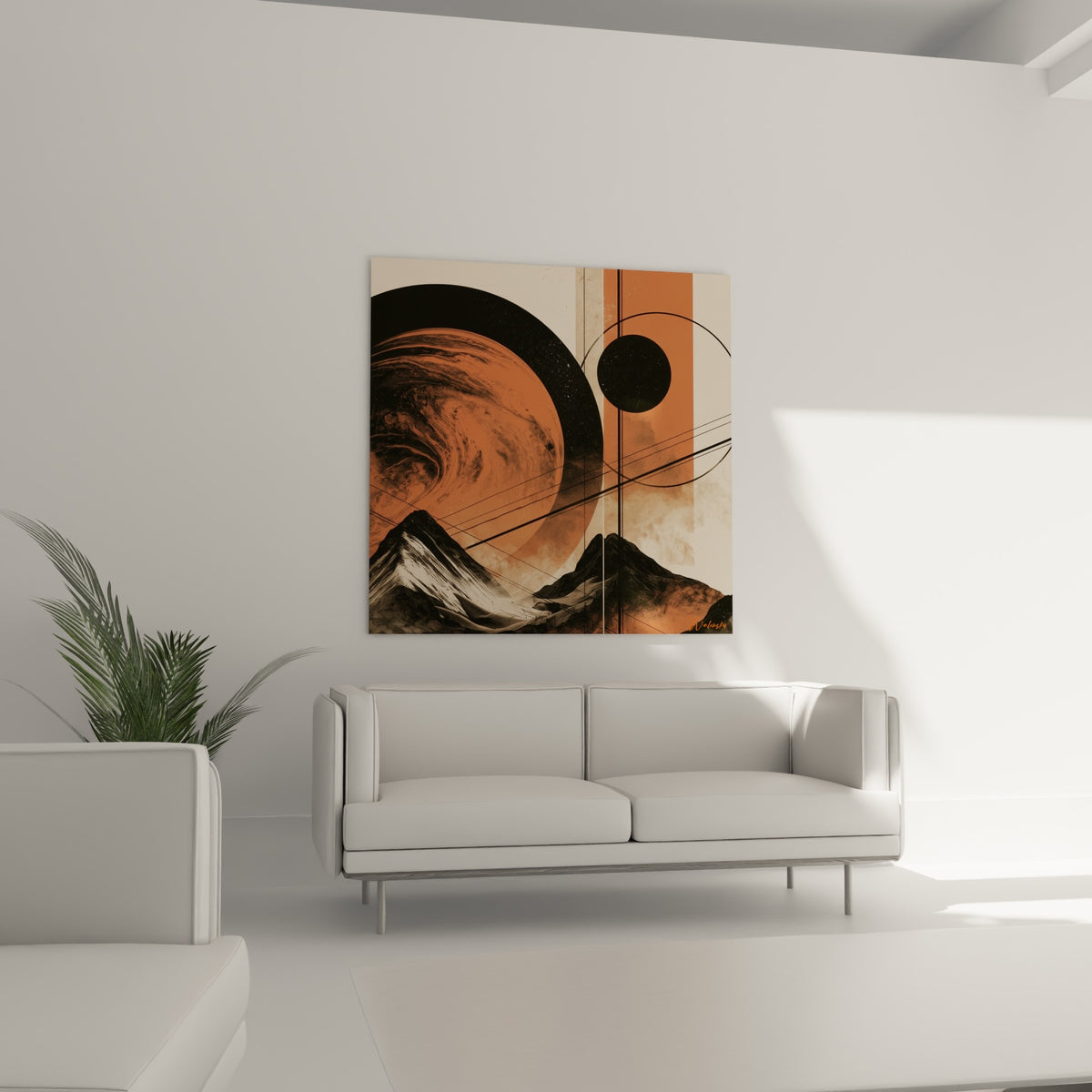 Paysage cosmique terracotta et sombre avec montagnes enneigées, au-dessus d'un canapé dans un salon lumineux
