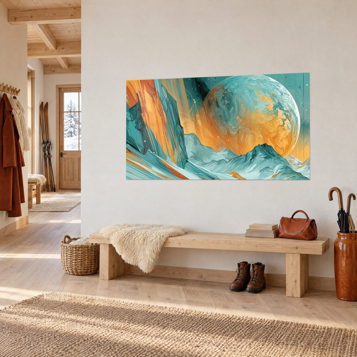 Tableau globe marbré orange et menthe surgissant derrière des sommets enneigés, vu de trois quarts sur un mur de chalet