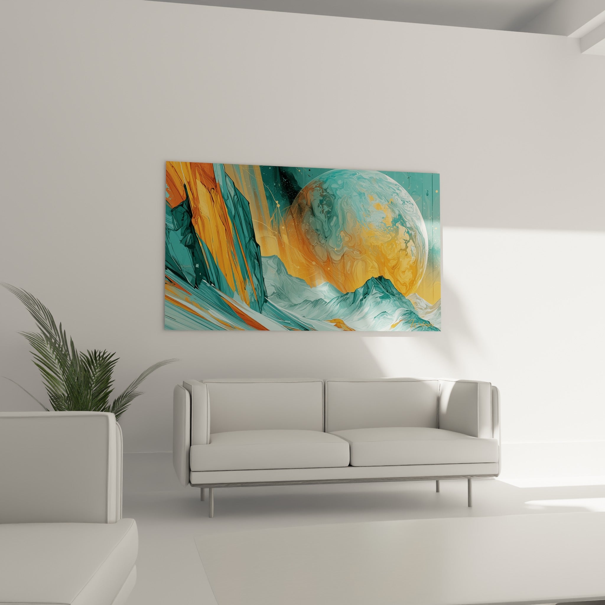 Paysage cosmique turquoise et orange placé au-dessus d'un canapé dans un salon lumineux