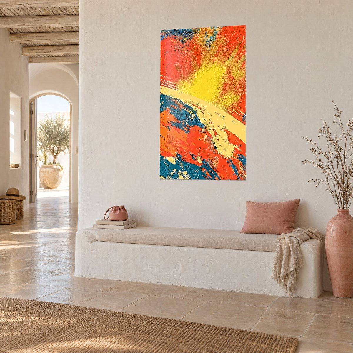 Wall art birth of a star in sulphur yellow and coral red, paint splashes, three-quarter view, whitewashed bench