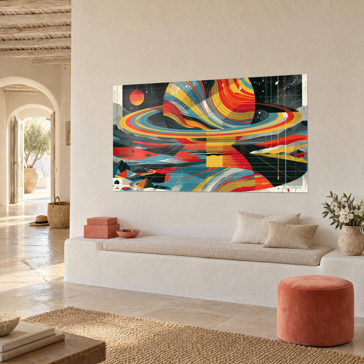 Tableau globe rayé aux bandes bleues et orange sur fond noir étoilé, vu de trois-quarts, au-dessus d'une banquette en pierre blanche