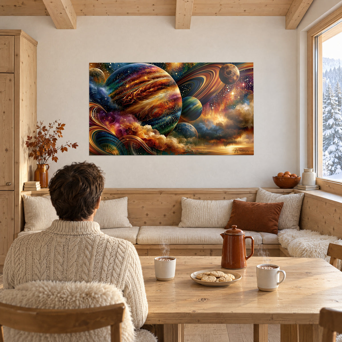 Tableau naissance stellaire aux anneaux d'or, planète verte rayée de bleu, nuées safran, sur un mur blanc près d'une grande baie vitrée
