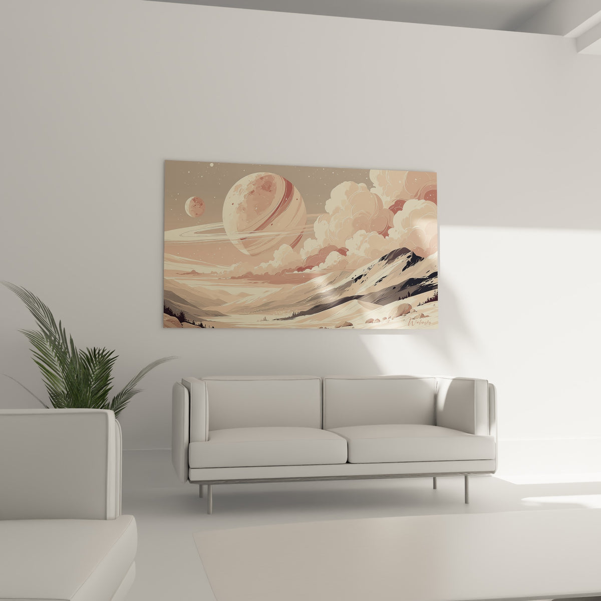 Désert stylisé aux tons terracotta et planète annelée rosée au-dessus d'un canapé dans un salon lumineux