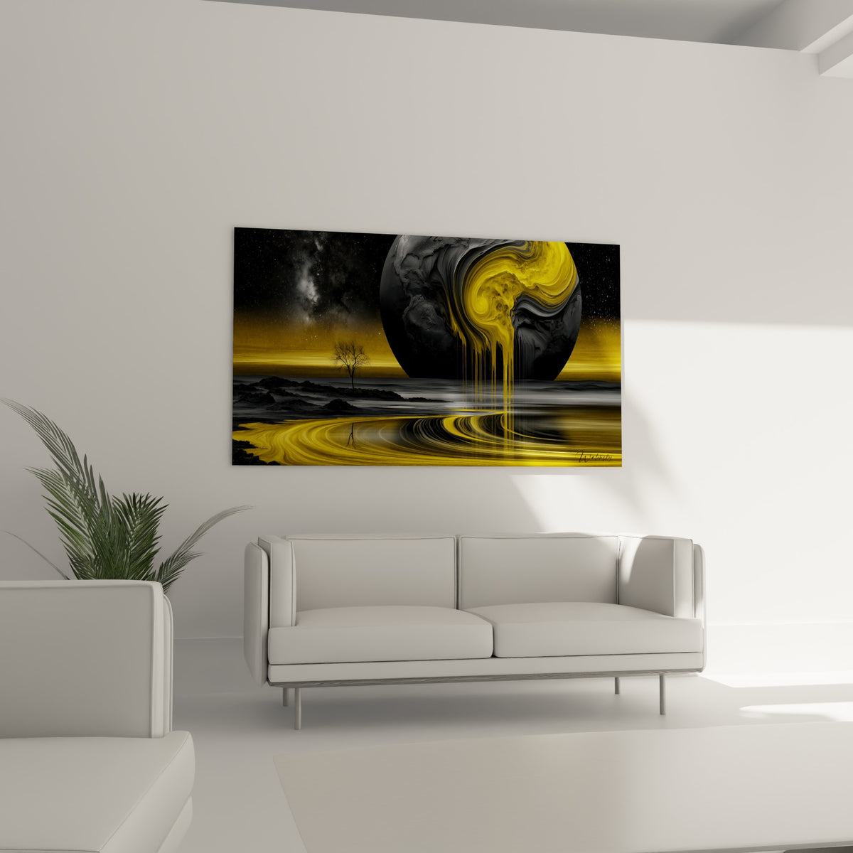 Astre marbré déversant du jaune sur paysage lunaire, au-dessus d'un canapé dans un salon lumineux