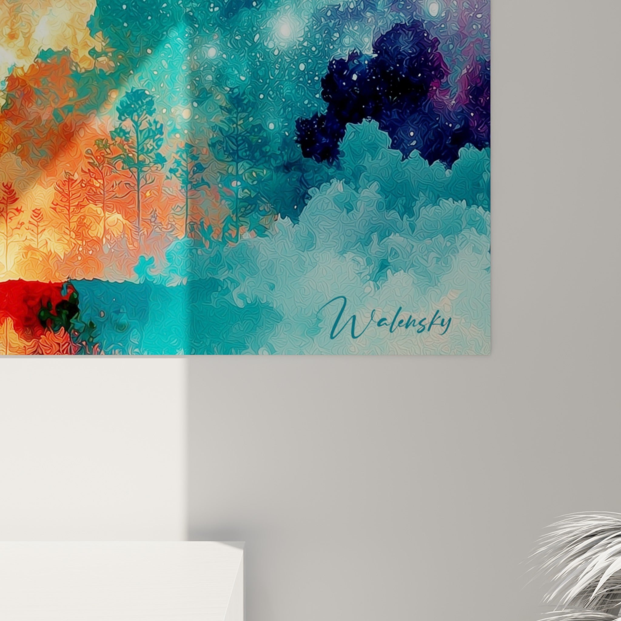 Coulures d'aquarelle turquoise et orange se mêlant en gros plan sur la toile texturée