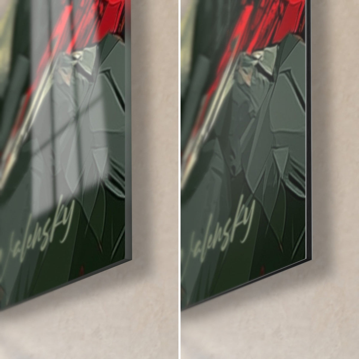 Gemälde unbekannte Welt mit anthrazitfarbenen Gipfeln, untere rechte Ecke: glänzendes Acrylglas links, mattes Dibond-Alu rechts, 3 mm Kante