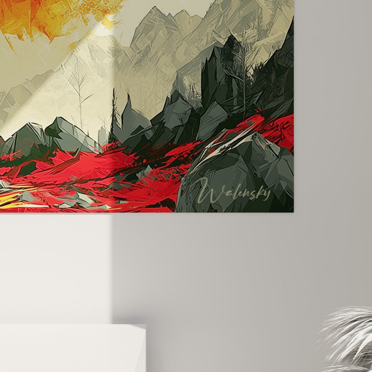 Empâtements orangés et coulures rouge sang se mêlant au grain anthracite du relief peint