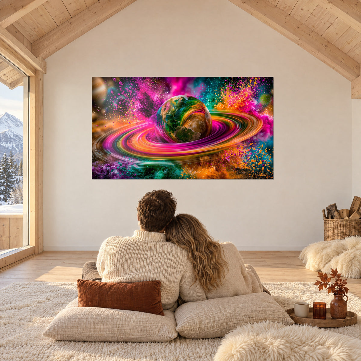 Tableau planète colorée aux anneaux rose vif et orangé, nuages de pigments, contemplée par un couple de dos dans un chalet