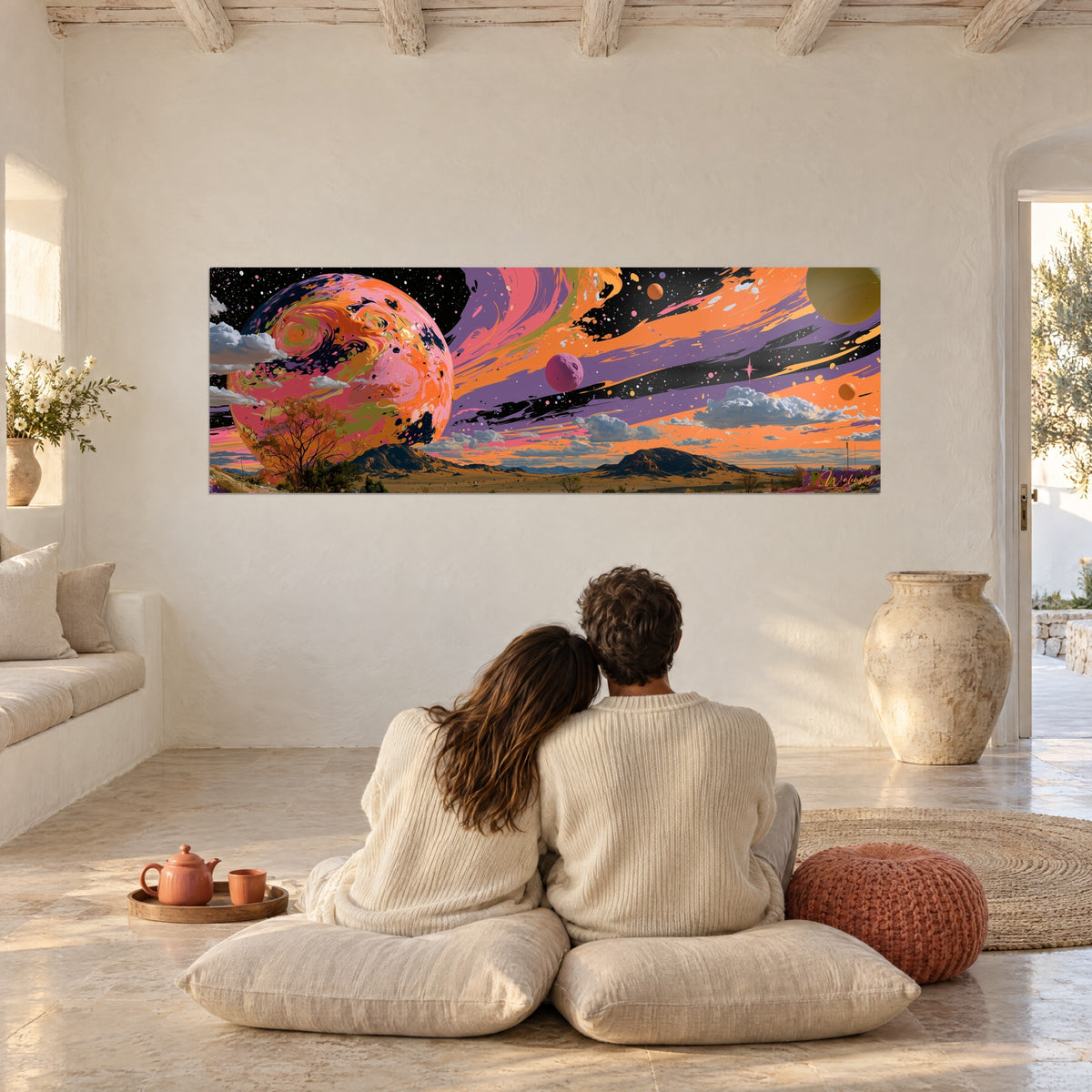 Tableau lune géante marbrée de rose et d'orange, désert doré sous un ciel violet, couple de dos assis sur des coussins crème au sol