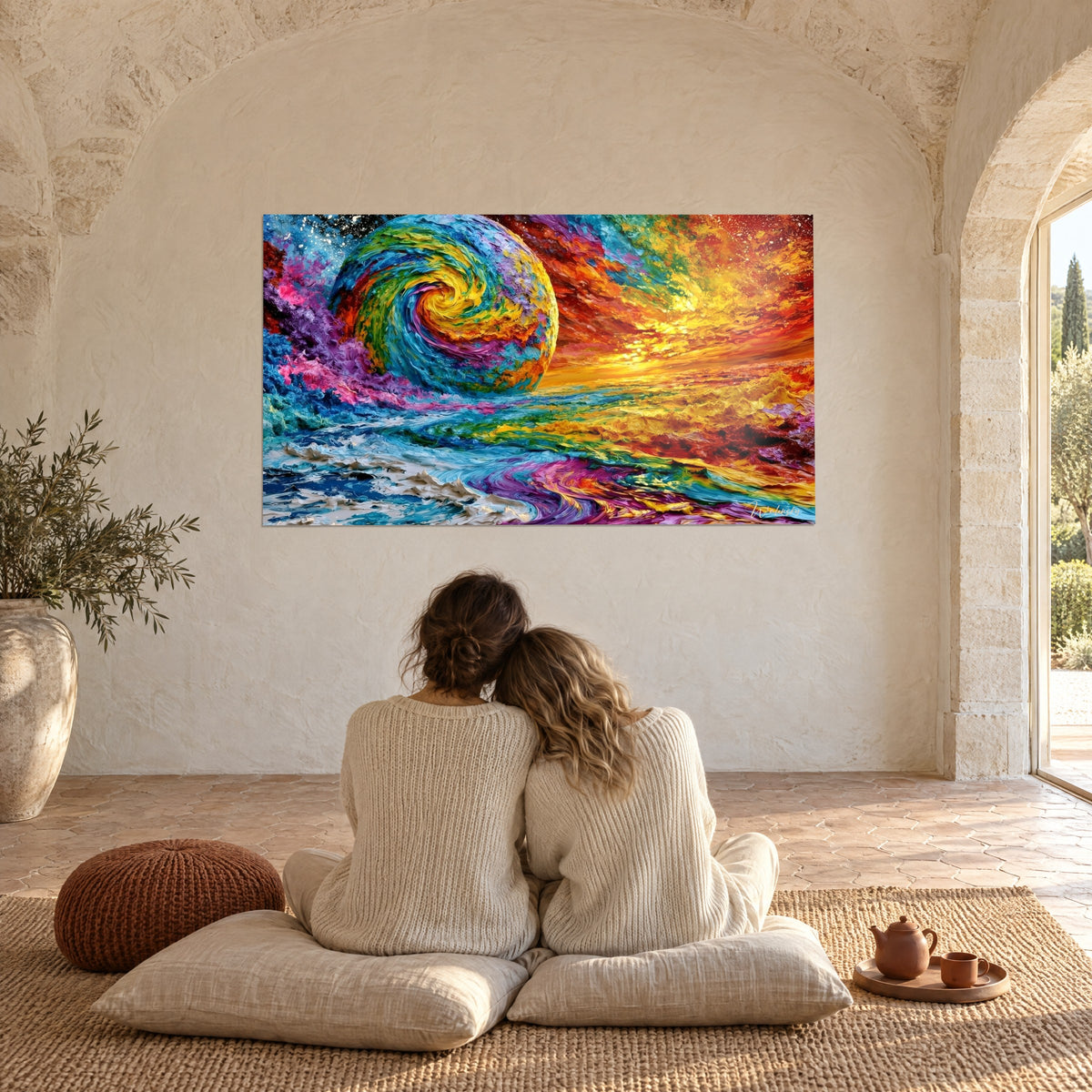 Tableau lune tourbillonnante cyan et safran, vagues écumeuses blanches, devant un couple enlacé sur des coussins