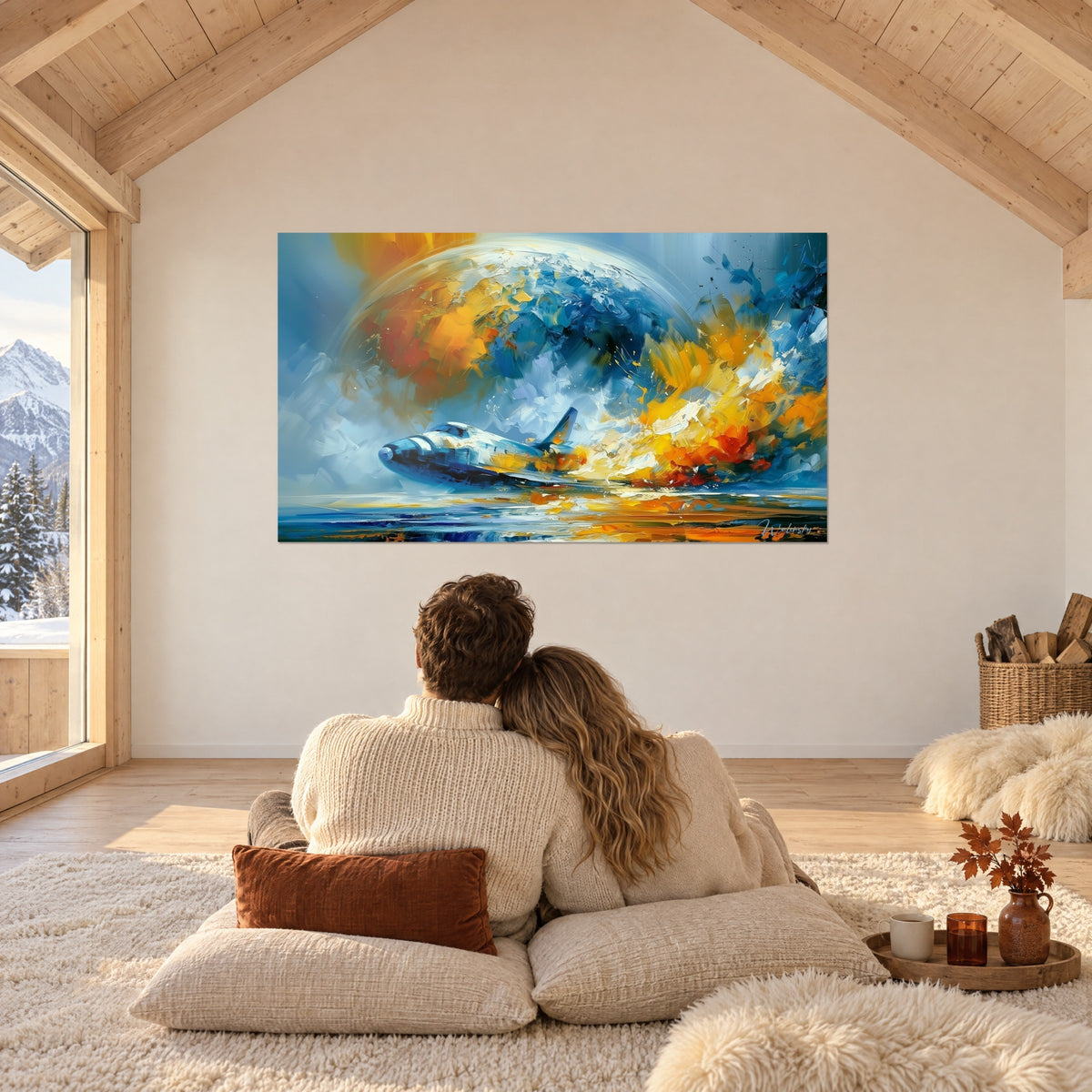Tableau atterrissage spatial sur un reflet d'eau jaune et bleu, couple enlacé de dos sur des coussins sous une charpente de chalet