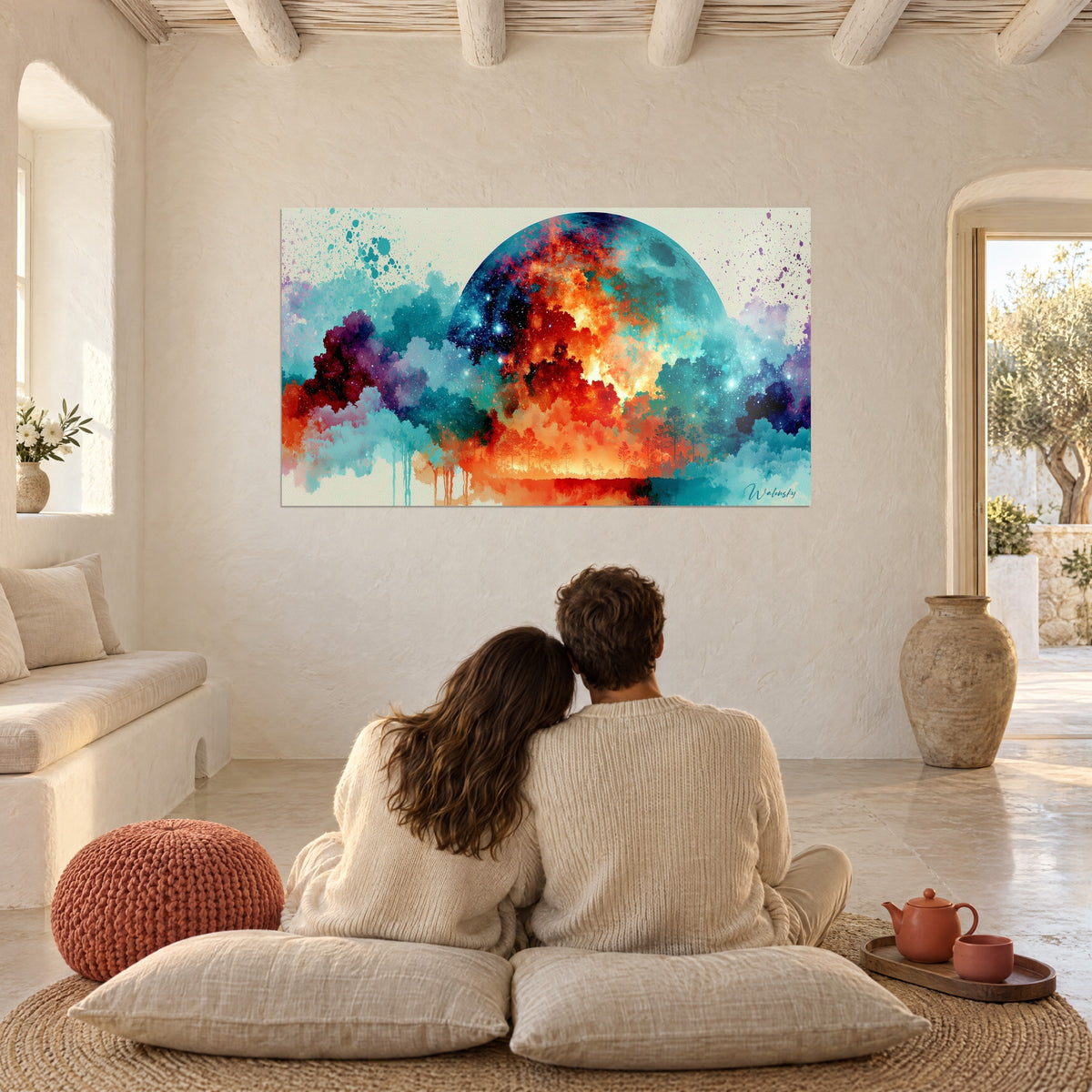 Gemälde aquarellierter Kosmos mit orangefarbenen Flammen und Wolken in Entenblau, Paar von hinten auf Kissen sitzend vor cremefarbener Wand