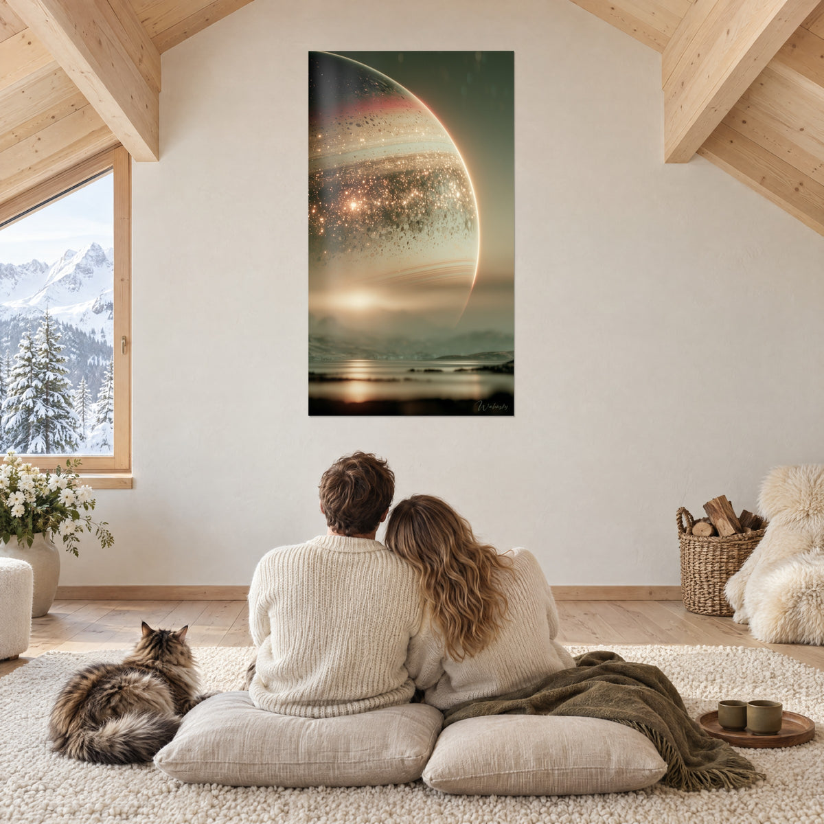 Tableau croissant planétaire olive et crème piqueté de lumières dorées, devant un couple de dos et un Maine Coon