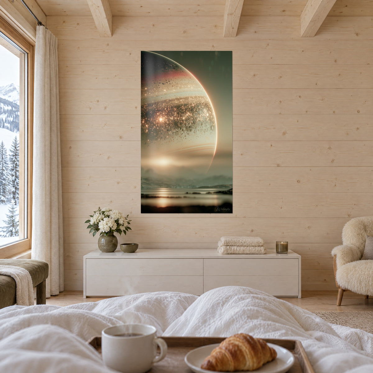 Tableau monde lointain aux anneaux ambrés et vert sauge, reflet solaire sur l'eau, au-dessus d'un lit dans une chambre claire