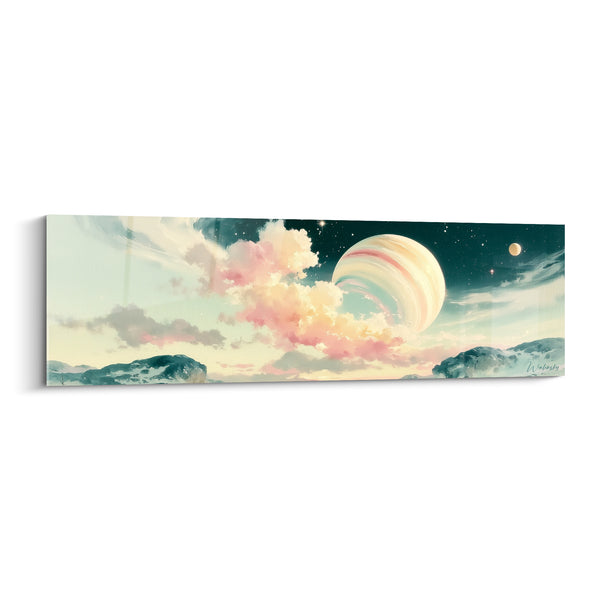 Tableau Planète crème et rose aux nuages vaporeux - Petite lune dorée - Edition Planète