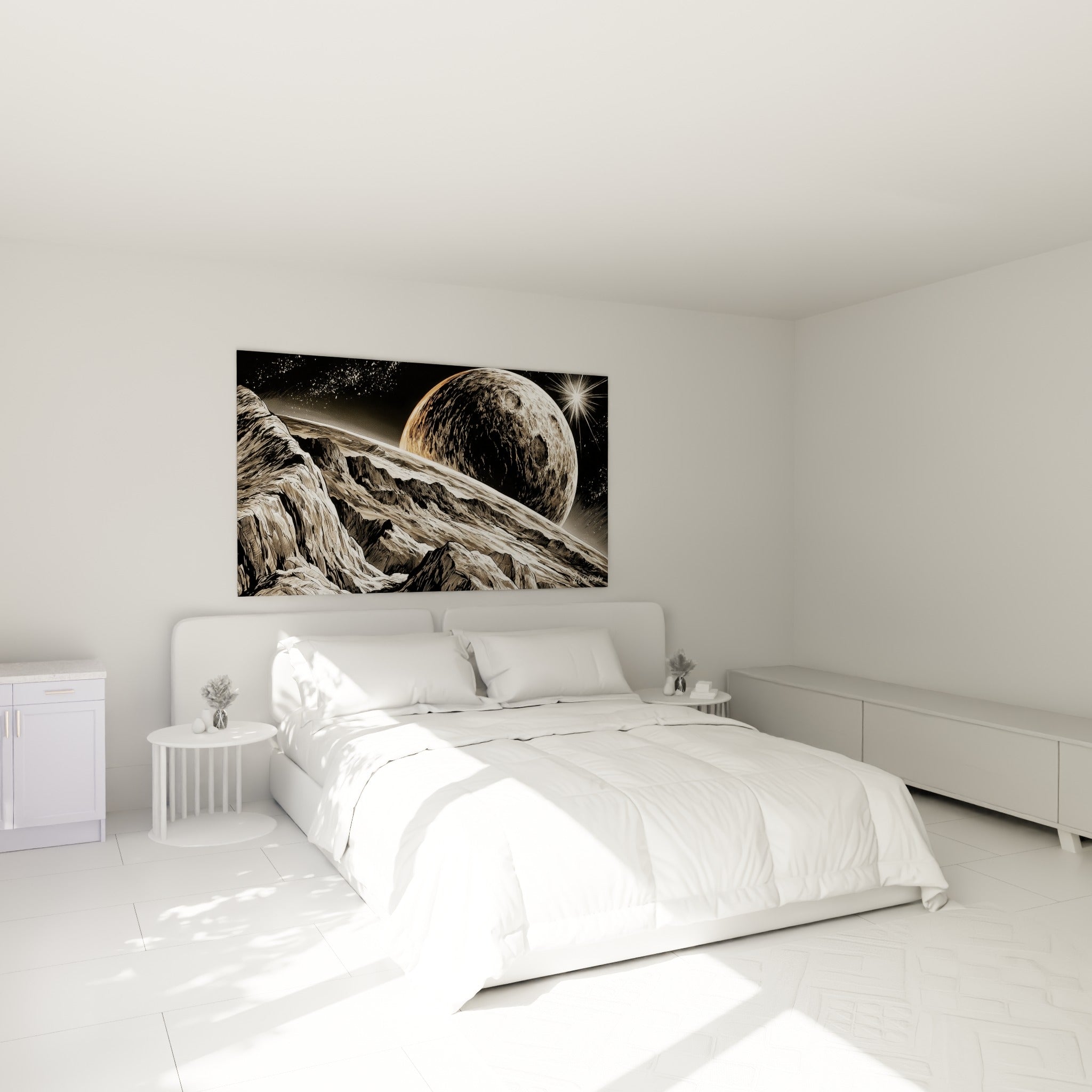 Lune orangée et montagnes anthracite du tableau Planète accrochées au-dessus d'un lit dans une chambre claire