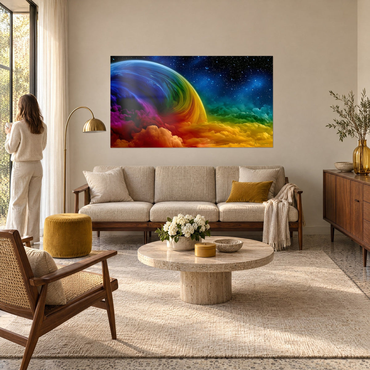 Tableau planète arc-en-ciel tournoyant, bleu nuit et or sur nuages pourpres, femme de dos, au-dessus d'un canapé dans un salon lumineux