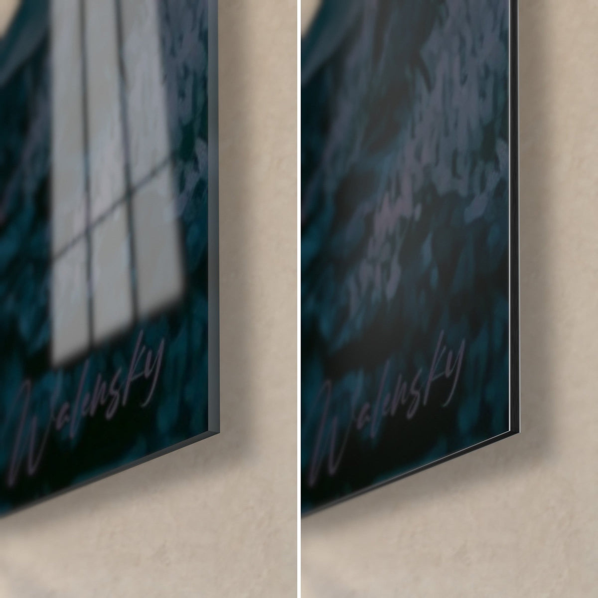 Wall art Dark ringed spheres, bottom right corner, glossy acrylic glass and matte black Dibond, 3 mm edge visible