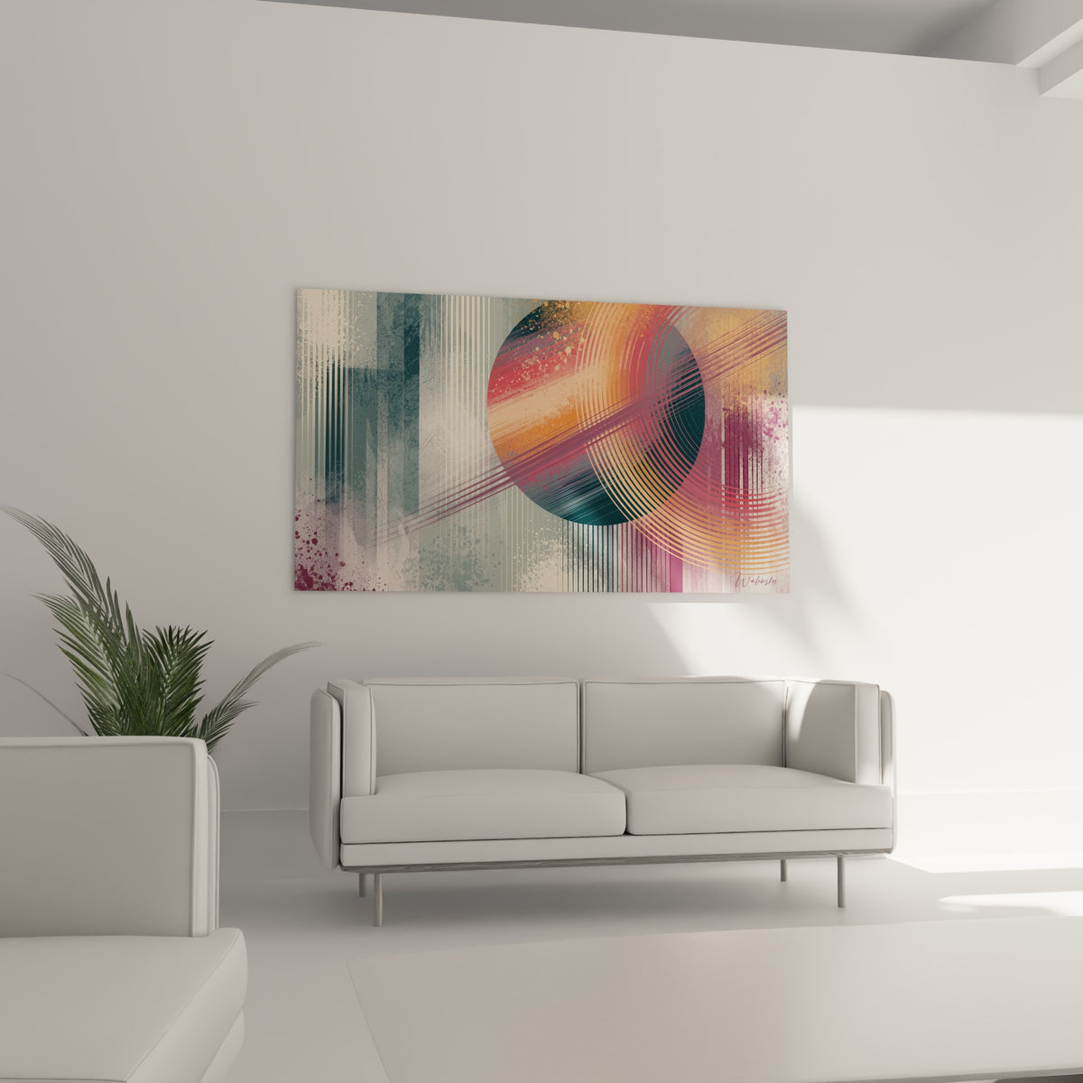 Dégradé terracotta et pétrole de la Planète circulaire suspendu au-dessus d'un canapé dans un salon lumineux