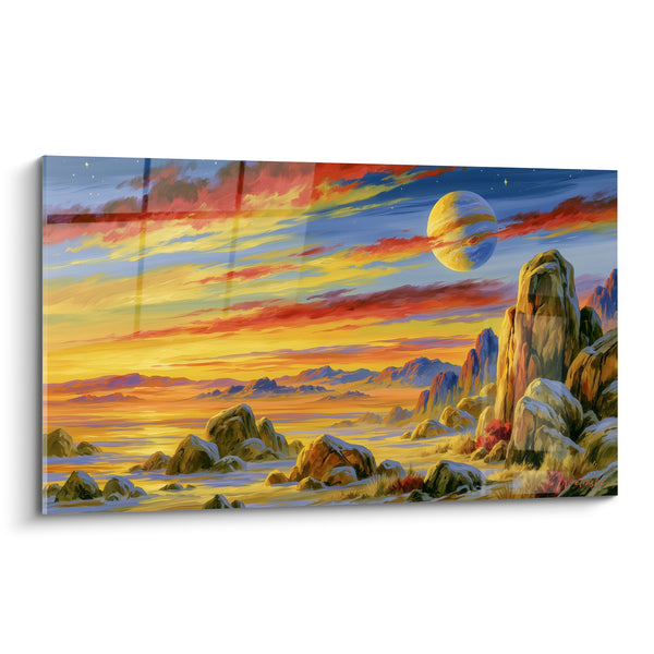 Tableau Sphère bleue et jaune sur rochers givrés - Ciel embrasé nocturne - Edition Planète