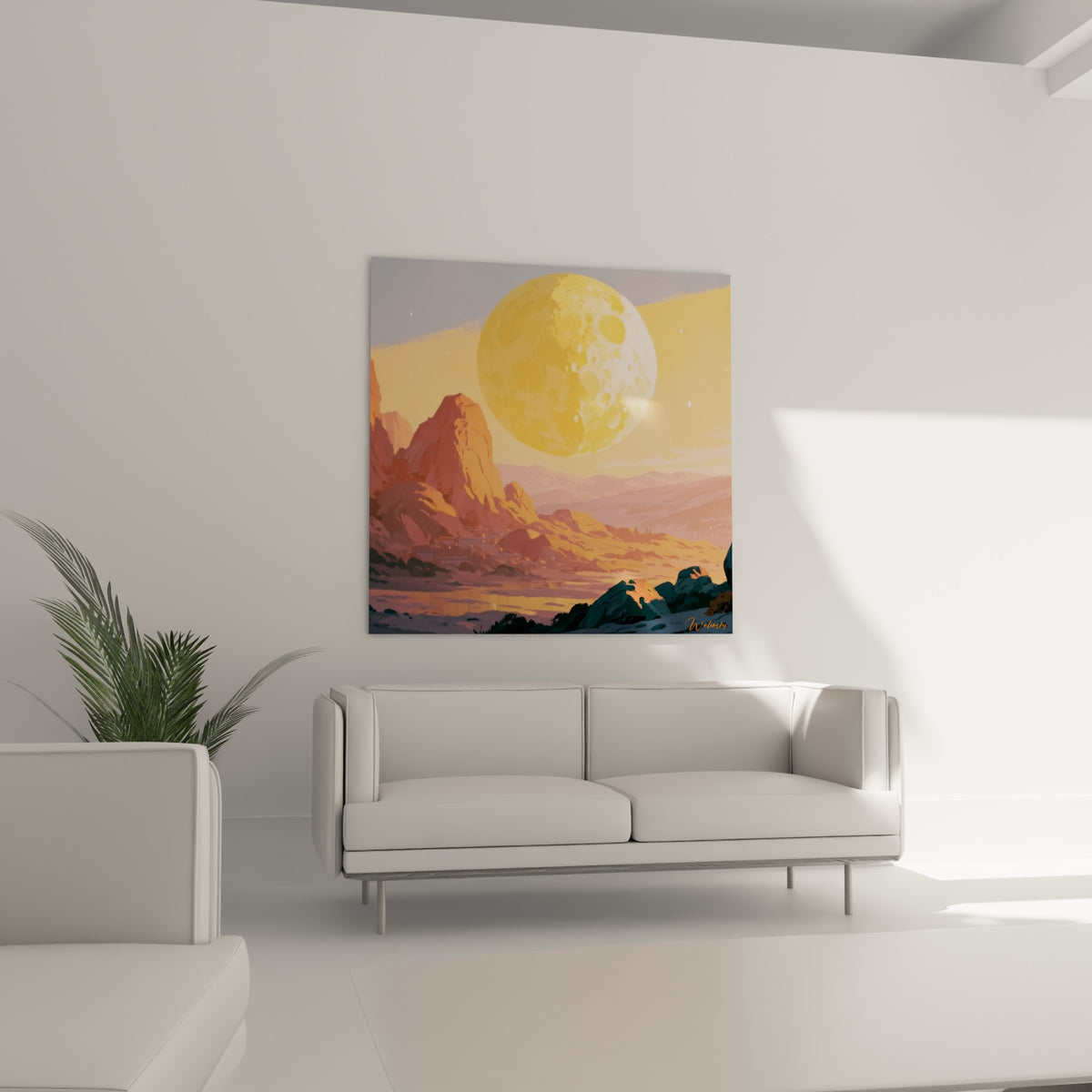 Roches terracotta et ciel lavande du tableau Planète, suspendu au-dessus d'un canapé dans un salon lumineux.