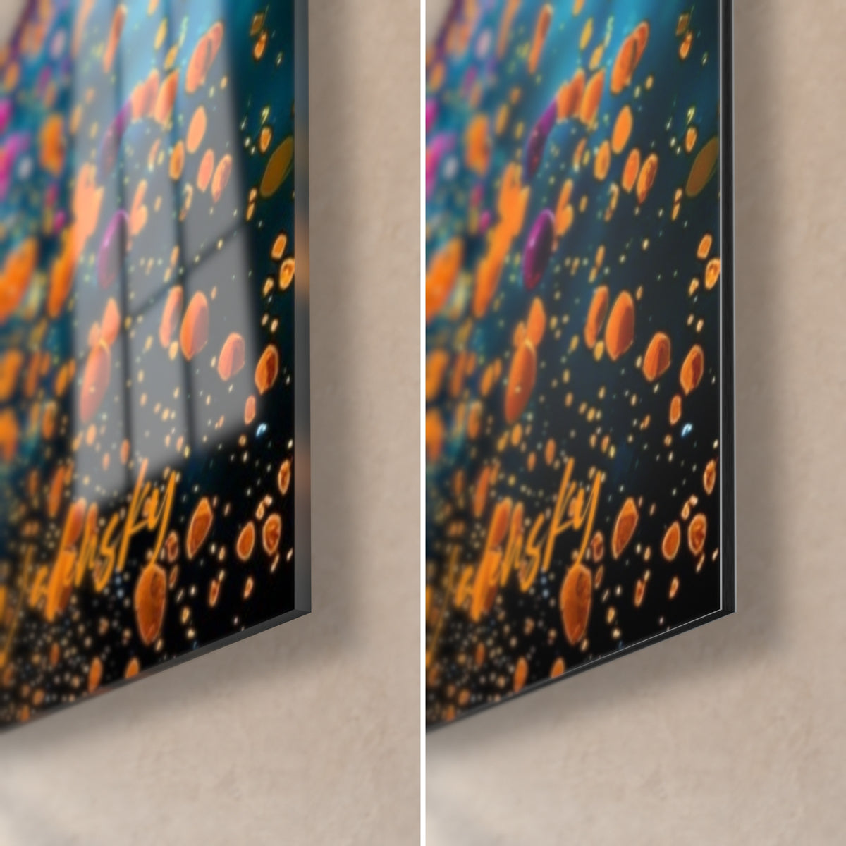 Tableau Saturne terrestre, coin bas droit : verre acrylique brillant et alu Dibond mat, gouttes orange sur fond noir bleuté