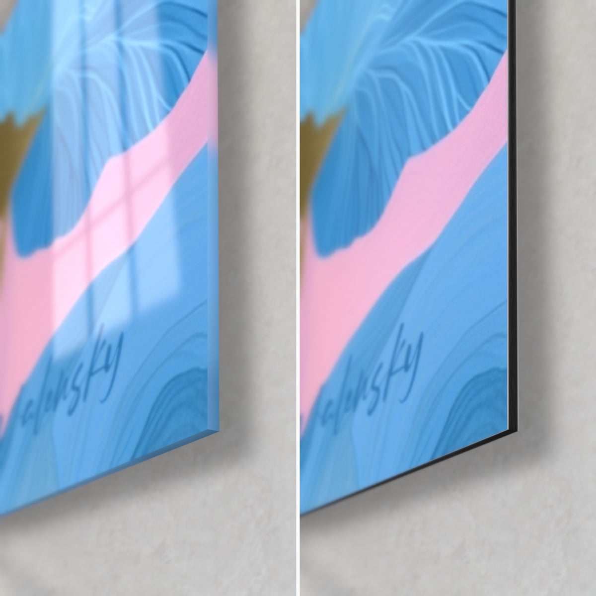 Wall art celestial dream, bottom right corner: glossy glass with reflections on the left, matte Dibond aluminum on the right, blue and pale pink flat tones
