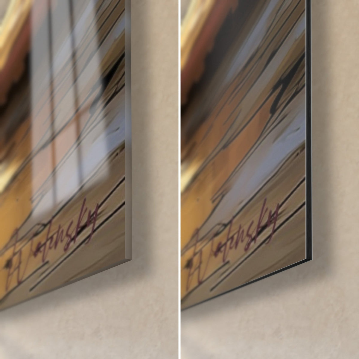 Gemälde goldener und blauer Planet, untere rechte Ecke: glänzendes Acrylglas links, matt gebürstetes Dibond rechts, rote Signatur, 3 mm Kante