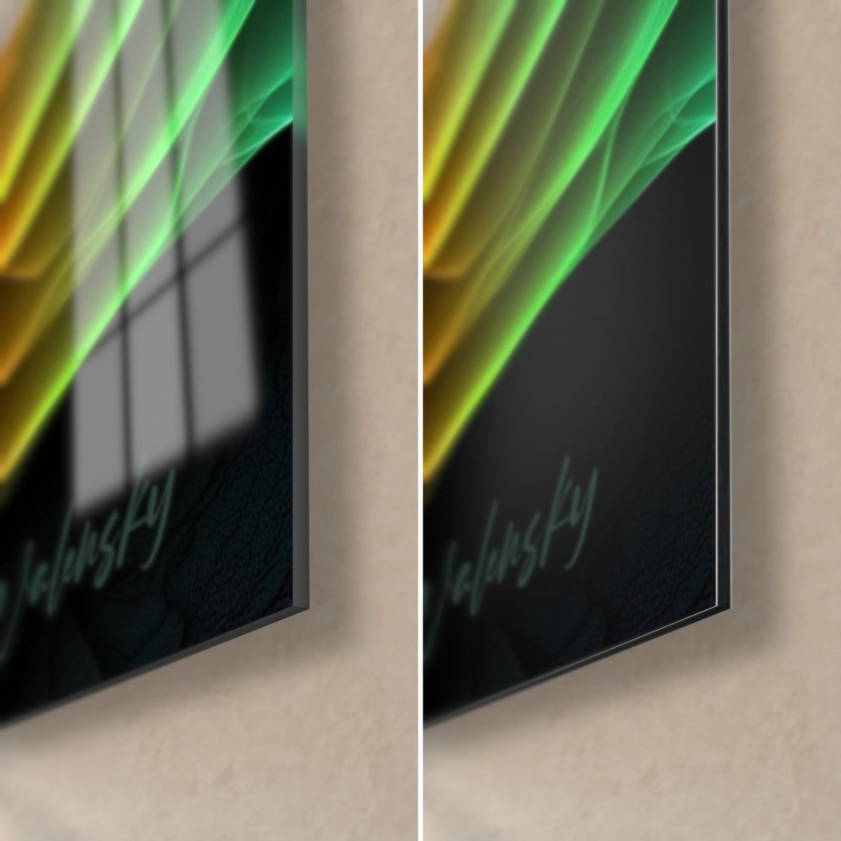 Wall art textured black globe, bottom right corner detail: glossy acrylic glass reflecting the window, matte black Dibond and 3 mm edge