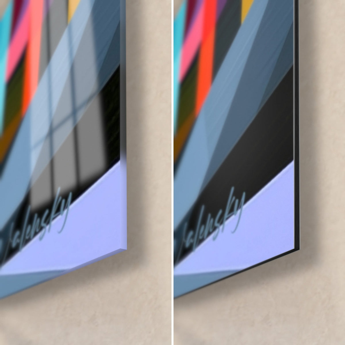 Gemälde eines geometrischen Saturn aus orangefarbenen und türkisen Facetten, untere rechte Ecke: glänzendes Acrylglas links, mattes Dibond rechts
