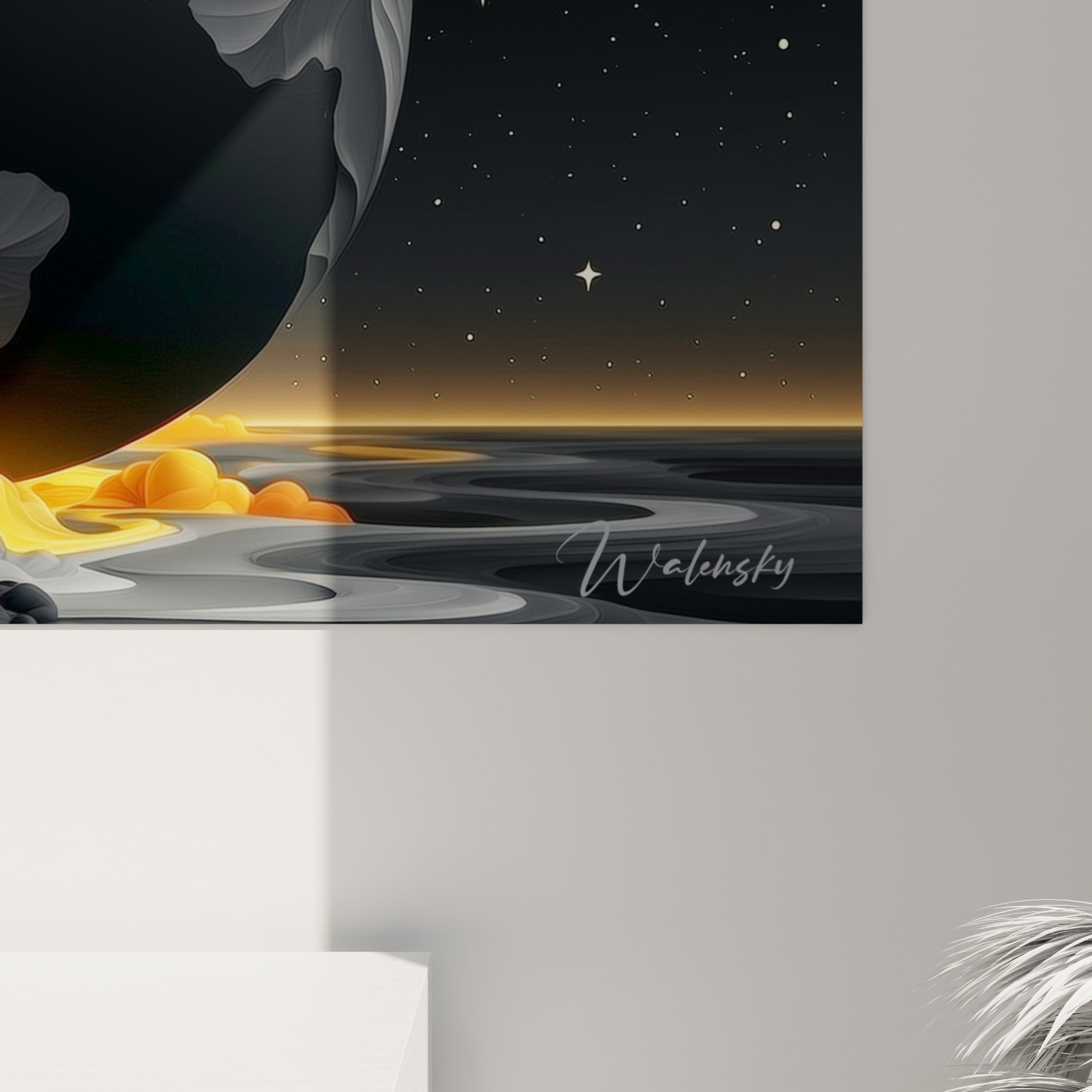 Détail des flammes orange et fumées anthracite entourant le globe noir, textures fluides et lumineuses