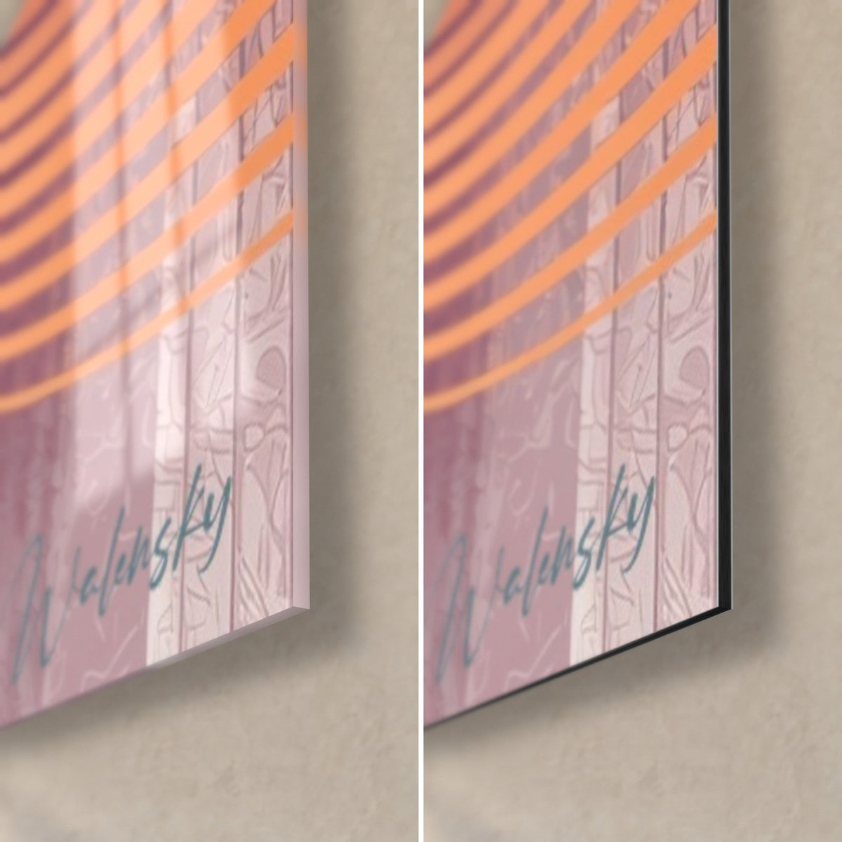 Wall art orange and pink circle in shiny glass on the left, matte Dibond aluminium on the right, bottom right corner, Walensky signature, 3 mm edge