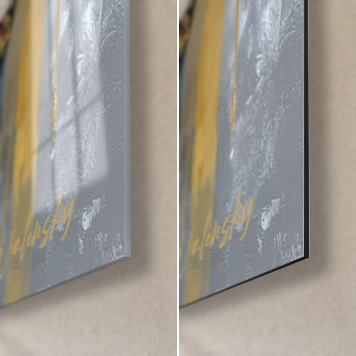 Gemälde Schwarzer Globus in Schwarz und Gold, untere rechte Ecke: glänzendes Acrylglas links, matt gebürstetes Dibond rechts, 3 mm Kante und goldene Signatur