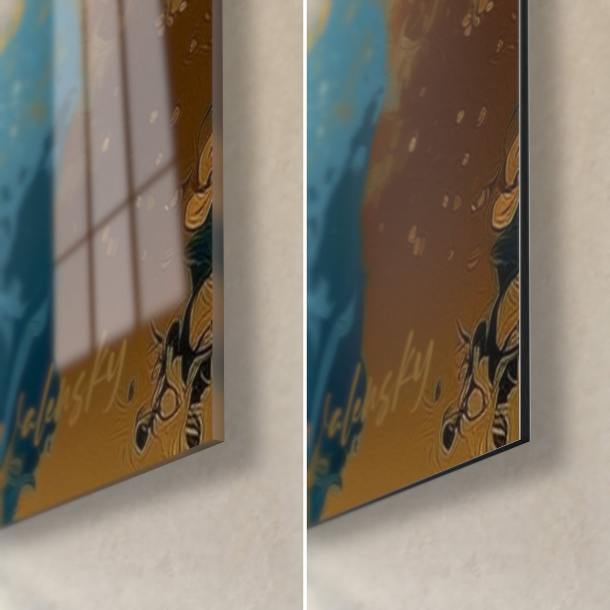Tableau globe terrestre bleu et doré, coin bas droit : verre acrylique brillant à gauche, alu Dibond mat à droite, tranche de 3 mm
