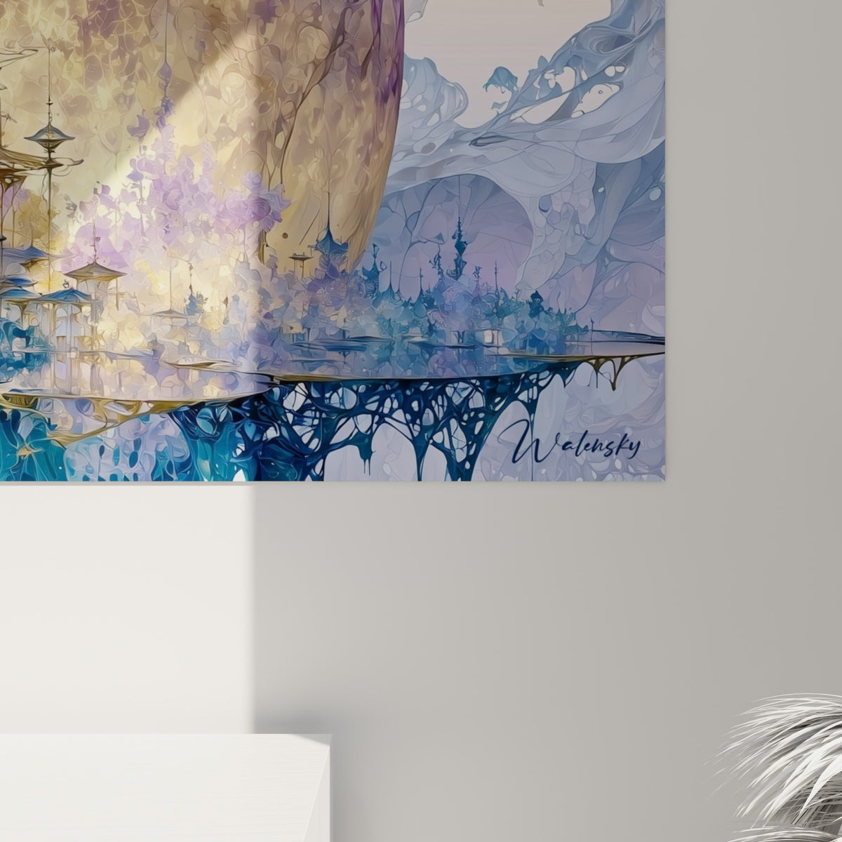 Détail des empâtements dorés et des coulures violettes du tableau Planète, où les pigments bleu marine se fondent à la matière