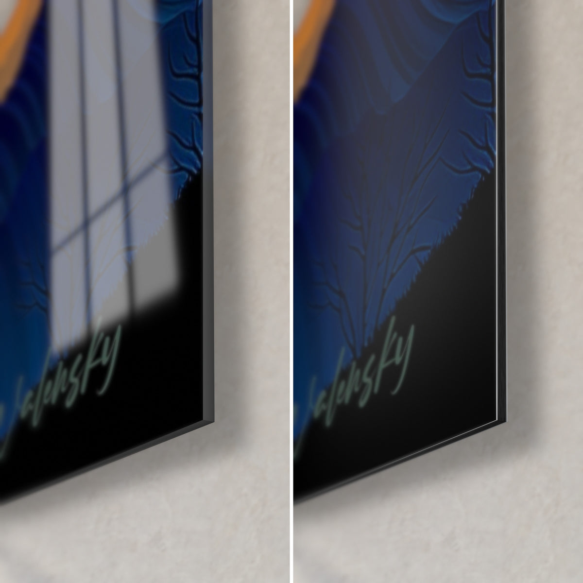 Gemälde eines gestreiften Planeten in Indigo und Orange, untere rechte Ecke: glänzendes Acrylglas links, matter Alu-Dibond rechts, 3 mm Stärke