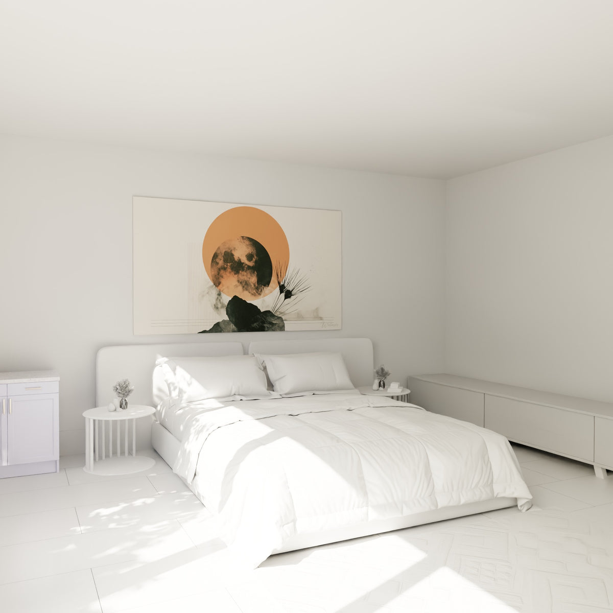 Disque orangé et lune sombre texturée accrochés au-dessus d'un lit dans une chambre claire