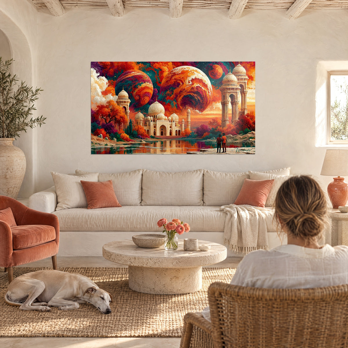 Quadro palazzo d'avorio con cupole scolpite sotto pianeti arancioni e porpora, sopra un divano in un soggiorno luminoso