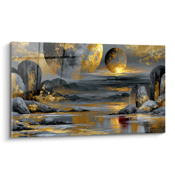 Tableau Deux planètes grises et dorées sur rochers escarpés - Reflet écarlate sur l'eau - Edition Planète