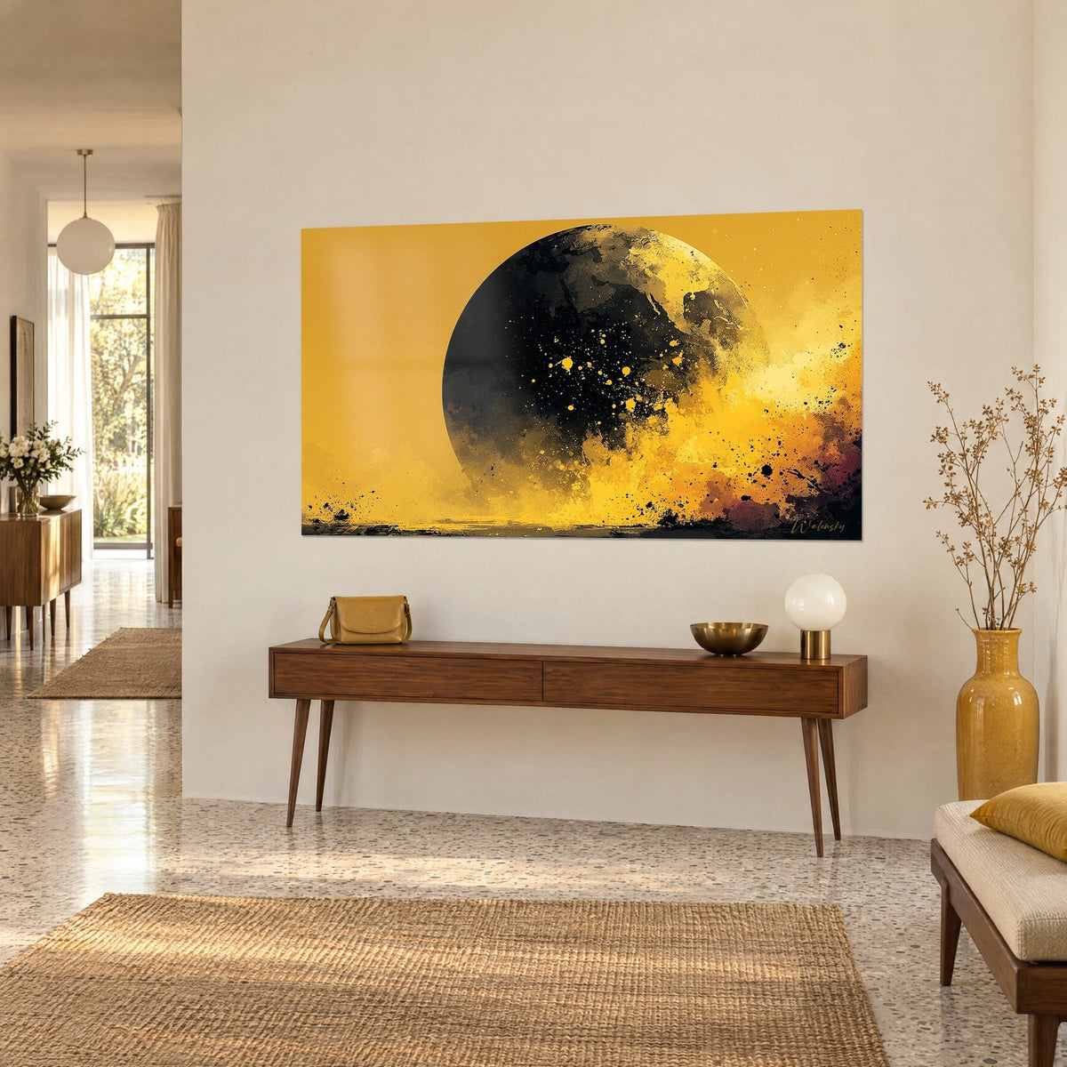 Wall art dark sphere dripping with saffron splashes and jet black, three-quarter view over a wooden console, bright hallway
