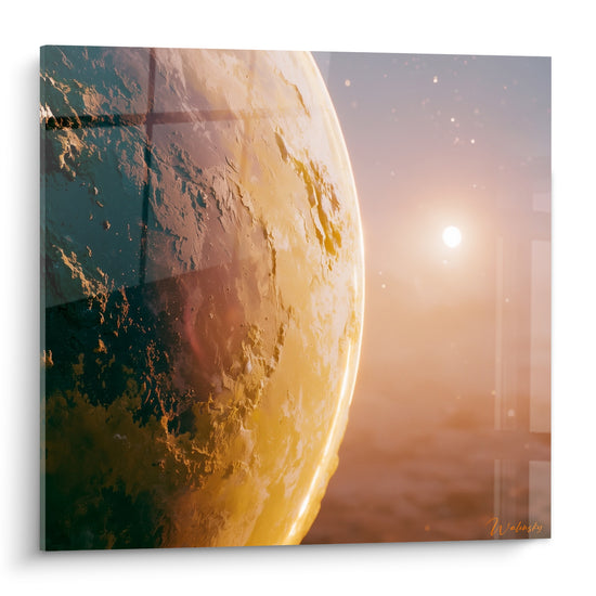 Planète dorée aux reliefs anthracite, surface cratérisée baignée d'un halo solaire flou