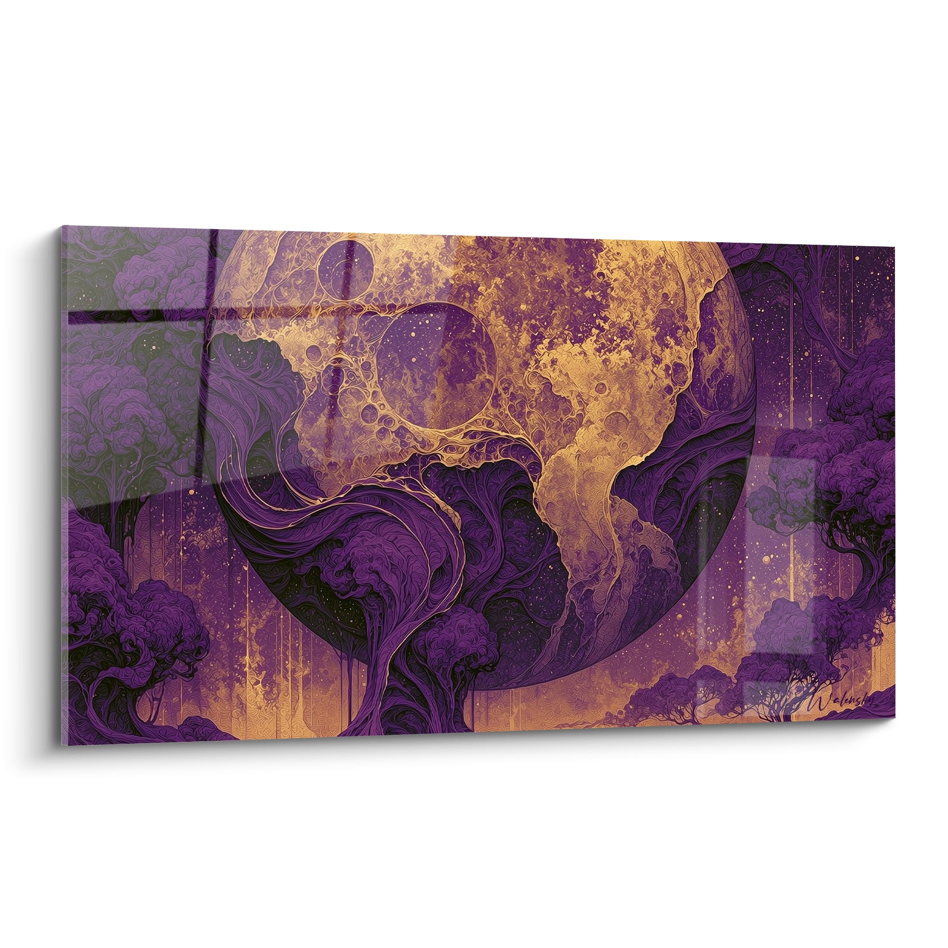 Sphère dorée cratérisée entourée d'arbres violets sinueux, style fantastique cosmique aux tons anthracite
