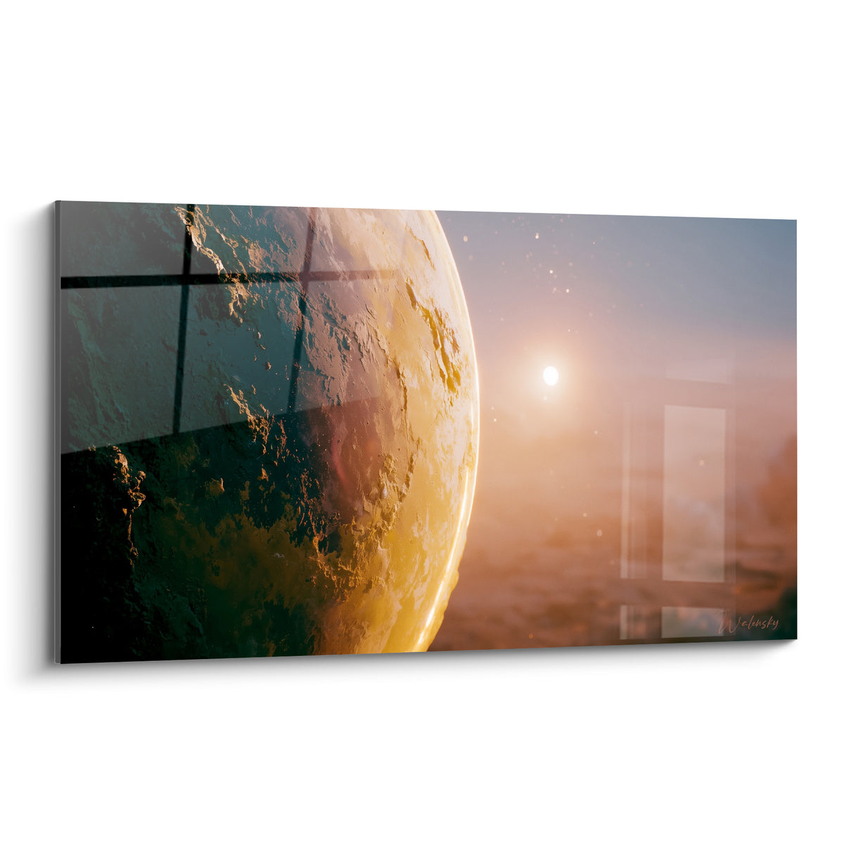 Planète dorée et verte aux reliefs craquelés, baignée d'une lumière solaire diffuse et cosmique